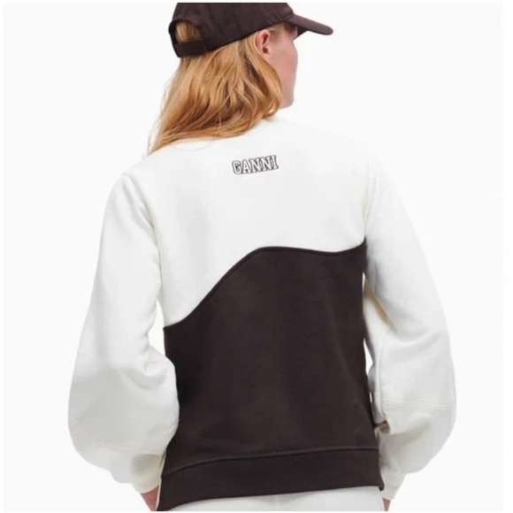 Ganni Sweaters - GANNI brown cream two tone Embroidered logo crewneck cotton fleece sweatshirt